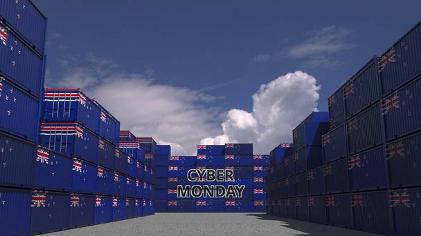 Вантажні контейнери з текстом Cyber Monday та національними прапорами Нової Зеландії. Онлайн комерція пов'язана з 3d рендерингом - Фото, зображення