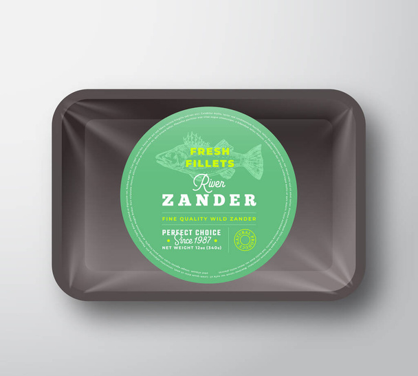 Zander Fillets. Abstract Vector Fish Plastic Tray with Cellophane Cover Packaging Design Round Label or Sticker. Retro Typography and Hand Drawn Pikeperch Silhouette Background Layout. - Vektör, Görsel