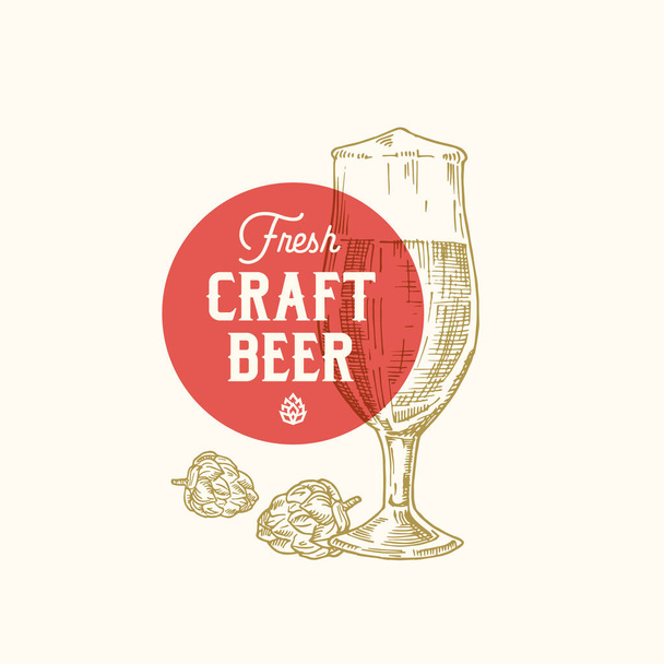 Fresh Craft Beer Abstract Vector Sign, Symbol or Logo Template. Hand Drawn Retro Glass, Hops and Classic Typography. Vintage Beer Emblem or Label. - Vector, Image