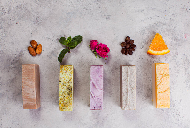 Top view of handcrafted soap with ingredients - 写真・画像