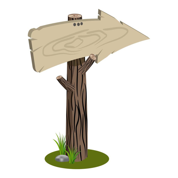 Flecha de dibujos animados vector de madera en el tronco del árbol. Ilustración de cartel en blanco. Banner de madera viejo vacío aislado en blanco
 - Vector, imagen