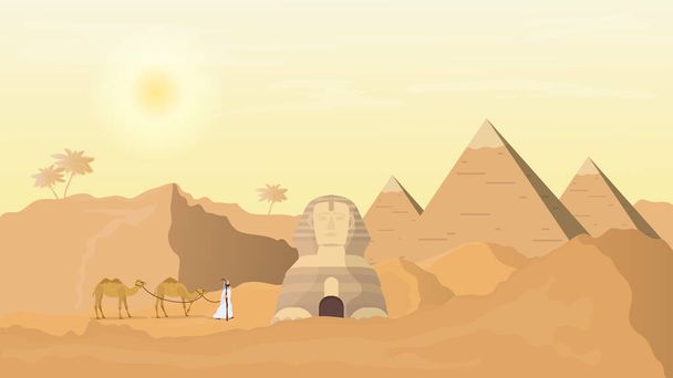 Egipski Sfinks i piramidy. Pustynia. Człowiek prowadzi wielbłądy przez pustynię. Ilustracja wektora. - Wektor, obraz