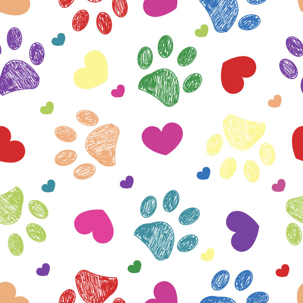 Doodle colorful paw prints with hearts seamless fabric design pattern vector background - Vector, Image