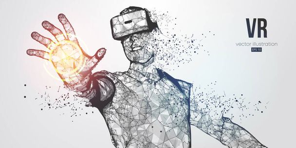 VR headset holographic low poly wireframe vector banner. Polygonal man wearing virtual reality glasses, helmet. VR games playing. Particles, dots, lines, triangles on blue background. Neon light. - Vettoriali, immagini