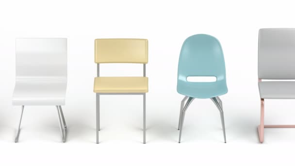 Beyaz üzerine farklı dizayn ve renklere sahip sandalyeler - Video, Çekim