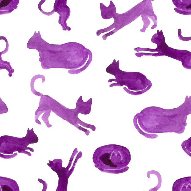 Seamless pattern with silhouettes of watercolor cats. - 写真・画像