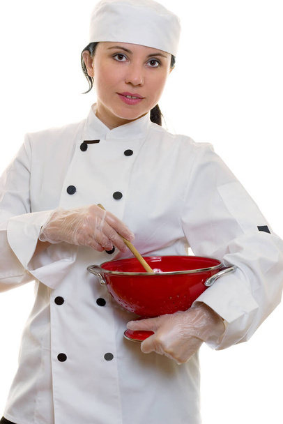 Chef holding kitchen colander drainer in red - Foto, Bild
