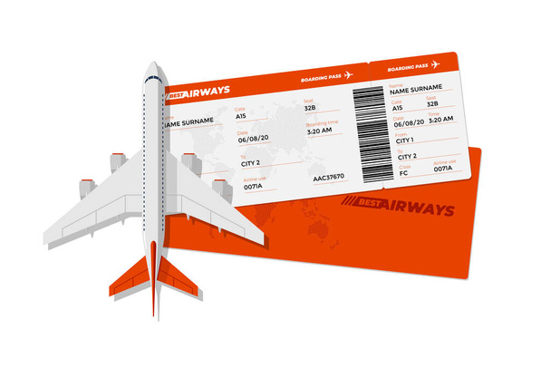 Realistic airline ticket boarding pass with airplane. Air travel by plane red color document vector illustration - Vektör, Görsel