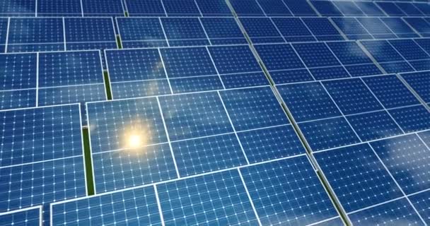 Aerial view of solar panels with sun reflection and sky in background. Green power, ecology and clean energy source concept. Photovoltaic cell loopable and seamless 3d rendering animation. - Footage, Video