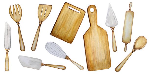 Χειροποίητα ξύλινα αξεσουάρ κουζίνας σετ για το ψήσιμο ακουαρέλα εικόνα απομονώνονται σε λευκό φόντο. Αφίσα μαγειρικής, banner concept. Εργαλεία Κουτάλι, σπάτουλα, πιρούνι, πλάστης, μαχαίρι, πλακέτα - Φωτογραφία, εικόνα