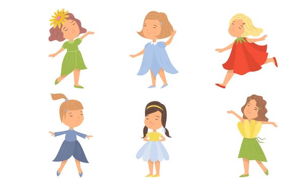 Positive little girls in dresses dancing enjoying life vector illustration - Vektori, kuva