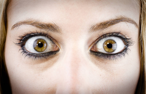 close up of the eyes of a pretty young girl in a surprise or fear expression - Foto, afbeelding