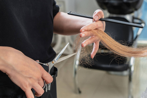 Peluquería corte de pelo de una joven rubia en peluquería
 - Foto, imagen