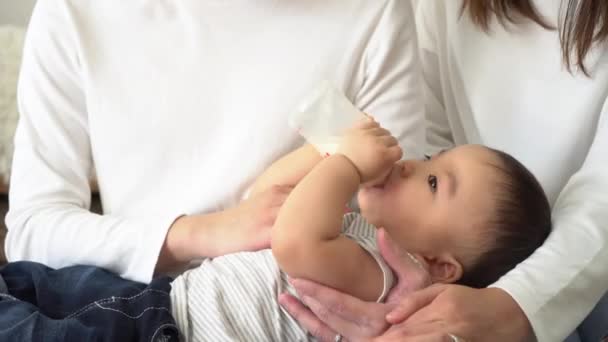 Asian family of young father and mother feeding a baby boy from milk bottle - Video, Çekim