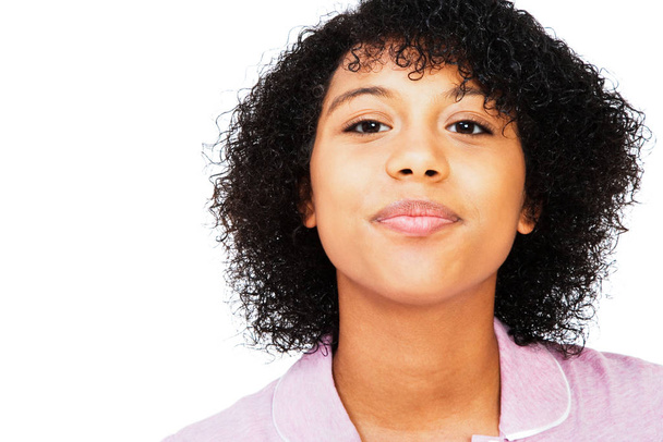 Mixed race teenage girl smiling and posing isolated over white - Foto, Imagem