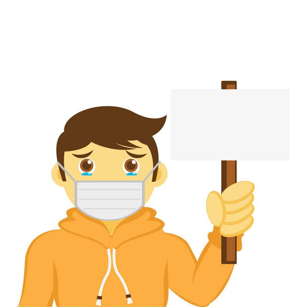 Illustratie vector grafisch stripfiguur van jongen dragen masker met een leeg teken. Het lijkt erop dat je je zorgen maakt over het virus. - Vector, afbeelding