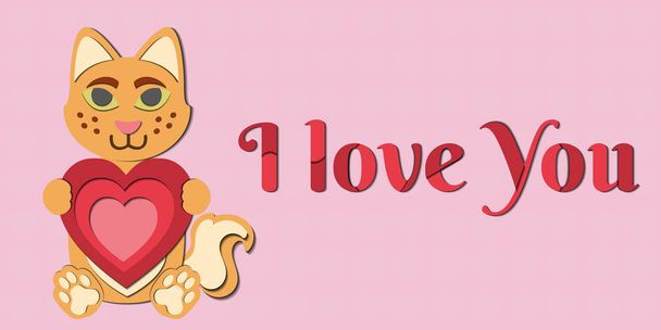 Egy Valentin-napi vektorrajz egy cuki papírról, ami kivágja a macskát, kezében egy piros szívvel. Az állat narancssárga, rózsaszín háttérrel. Tartalmazza I love you felirat (szöveg). - Vektor, kép