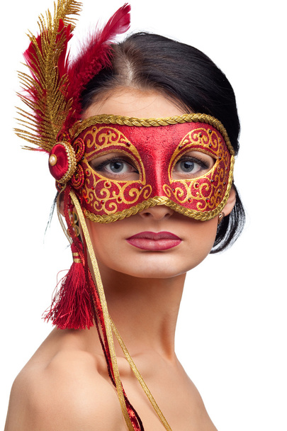 Jeune femme portant un masque de carnaval rouge
 - Photo, image