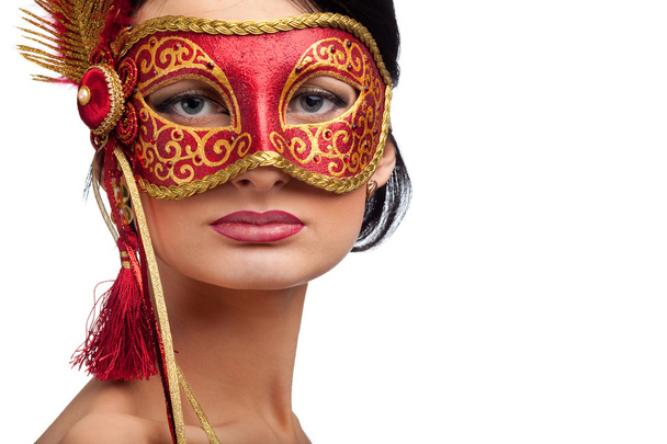 Nainen yllään punainen karnevaali naamio
 - Valokuva, kuva