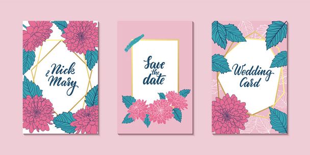 Set Hochzeitseinladungskarte mit geometrischen polygonalen Linien aus Gold, umreißt rosa Chrysanthemen. Design-Grußkarte von Hochzeit, Geburtstag, Valentinstag, Muttertag, Feiertag. - Vektor, Bild