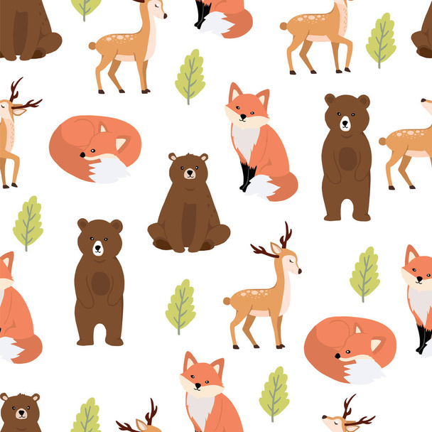Cute woodland background with bear,fox.Vector illustration seaml - Vector, Image