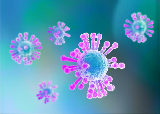 Vista microscopica del Coronavirus, un patogeno che attacca le vie respiratorie. Contagio. Analisi e test, sperimentazione. 2019-nCoV. Sars. rendering 3d
 - Foto, immagini