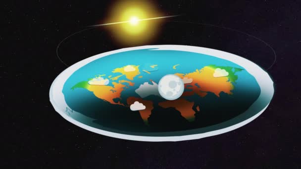 Motion illustration of a flat Earth floating in space, while sun and mood are turning above it. - Footage, Video