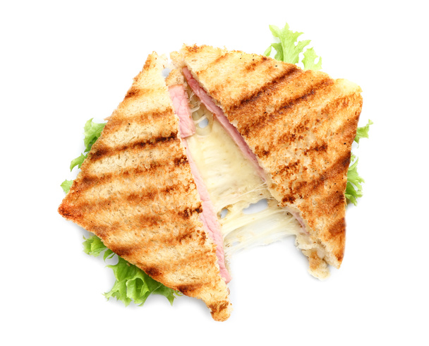 Tasty sandwiches with cheese and ham on white background - Fotoğraf, Görsel