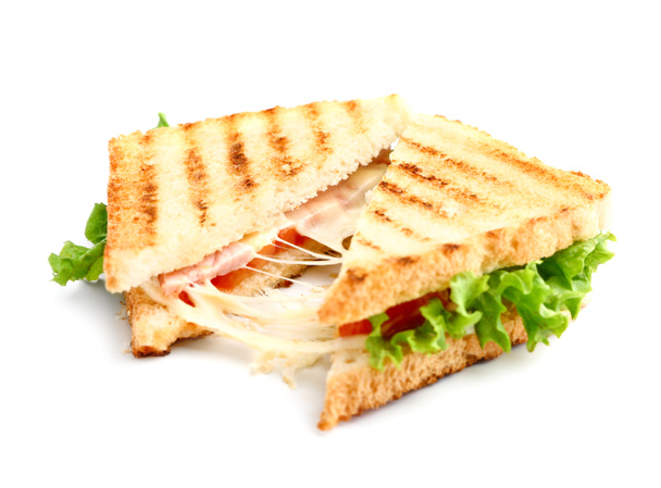 Sanduíches saborosos com queijo e presunto no fundo branco
 - Foto, Imagem