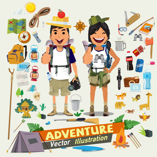 Coppia di design del personaggio avventura con kit icona survial. Adventu
 - Vettoriali, immagini