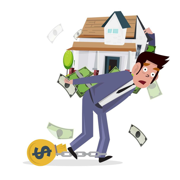 Een man die geld bij zich heeft. lening van huis. Het begrip hypotheek - Vector, afbeelding