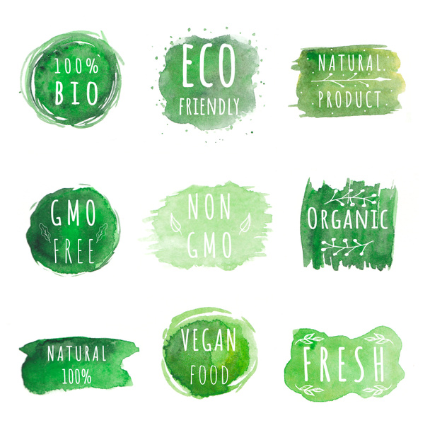 エコ、オーガニックラベルのセット。緑の抽象的な手の水彩画の背景を描いた。天然の有機食品や化粧品。バイオとエコデザインの要素. - 写真・画像