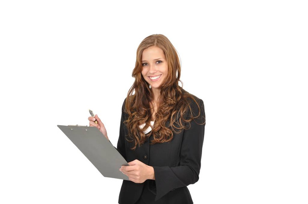 businesswoman with suit and clipboard - Zdjęcie, obraz