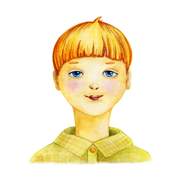 Portret van een jongen met blauwe ogen en blond haar. Hand close-up aquarel illustratie geïsoleerd op witte achtergrond. Ontwerp van kinderartikelen, banner, bedrukking, sjabloon, omslag, ansichtkaart. - Foto, afbeelding