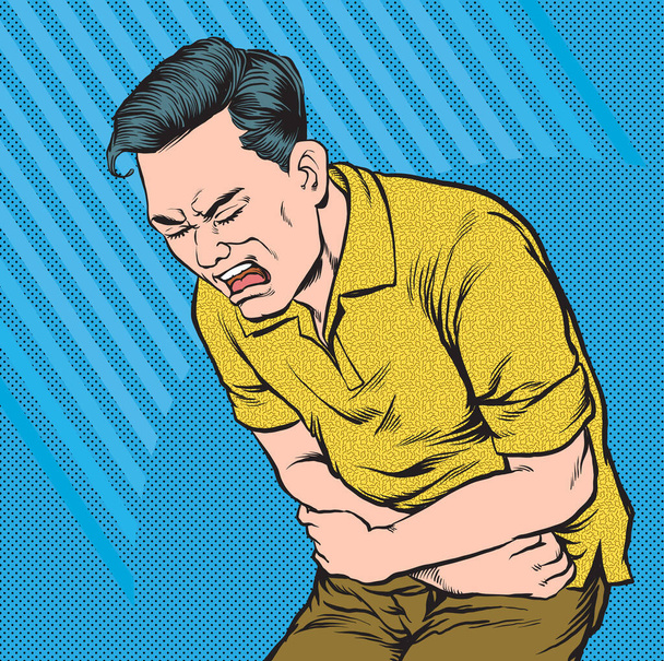 Männer leiden unter starkem Bauchschmerzen.Pop-Art Retro-Vektorillustration Vintage-Kitsch-Zeichnung - Vektor, Bild