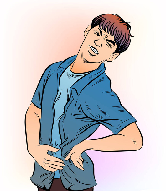Un joven con dolor en la cintura. Ilustraciones de diseño vectorial estilo dibujado a mano. Imágenes separadas del fondo blanco
 - Vector, imagen