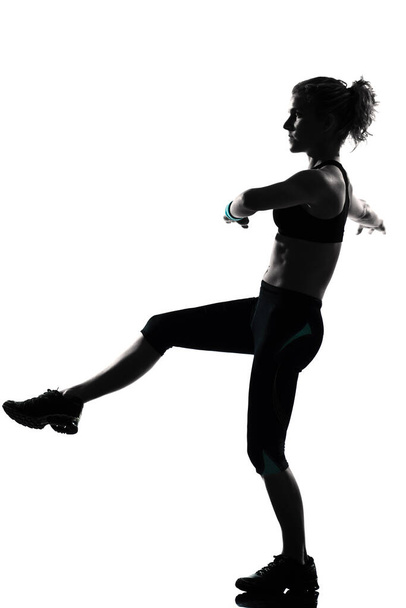 one woman exercising workout fitness aerobic exercise posture on studio isolated white background - Photo, image