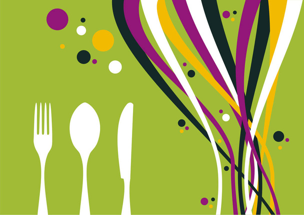 Spoon, fork, knife and multicolored waves on lime background. Food, restaurant, menu design with cutlery and bubbles silhouettes. Vector available - Photo, Image