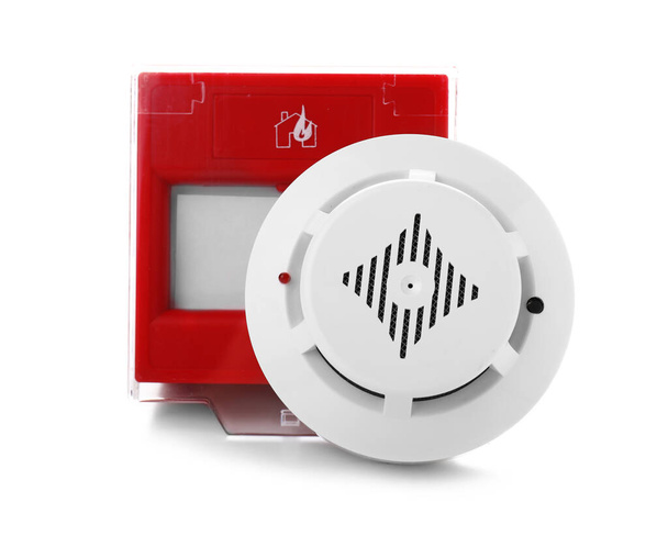 Smoke detector and manual call point on white background - Photo, Image