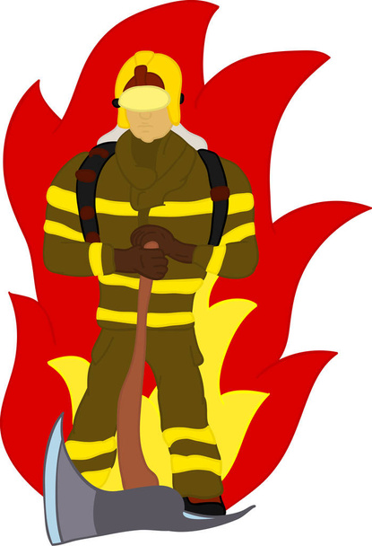 vector - bombero con hacha y fuego, dibujar a mano, aislado en el fondo
 - Foto, Imagen