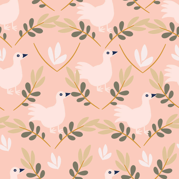 Pink with whimsical duck like birds with dainty florals seamless pattern background design. - Vector, Image
