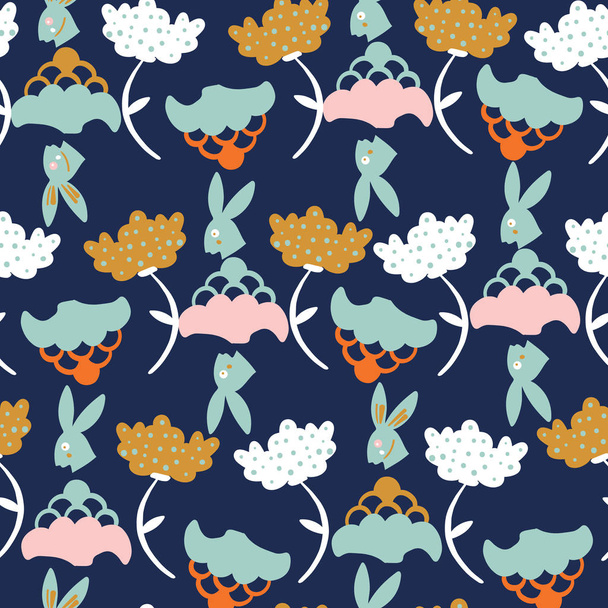 Azul oscuro con conejos y flores caprichosas diseño de fondo de patrón sin costuras
. - Vector, Imagen