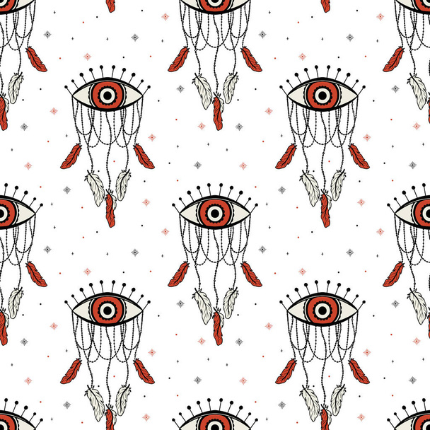 Seamless pattern dream catcher.Vintage bohemian drawing style. - Vector, Image