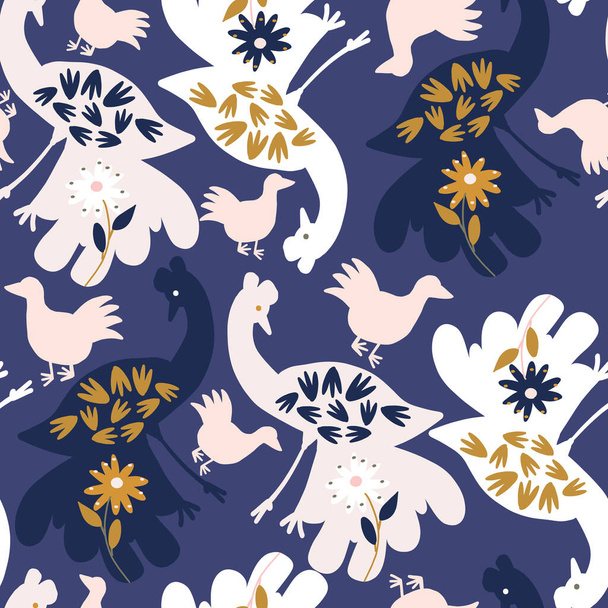 Donkerblauw met grote vogels met bloemen naadloos patroon achtergrond ontwerp. - Vector, afbeelding