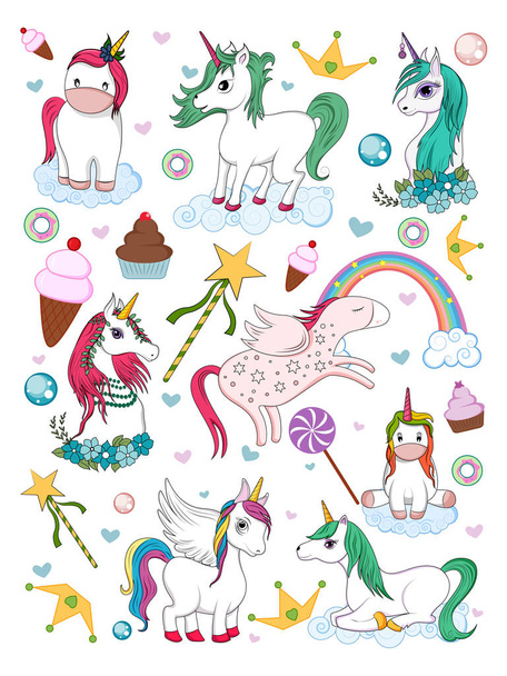 ilustración vectorial de colorido cuento de hadas de moda unicorna elemento de la tarjeta de invitación para el cumpleaños. - Vector, Imagen