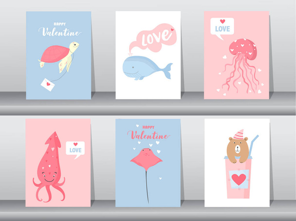 Set van Valentijnsdag kaart, liefde, dier, schattig vector, dier, Vector illustraties - Vector, afbeelding