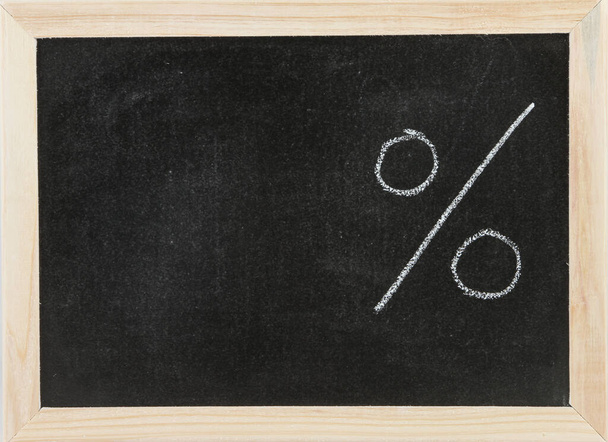 Black chalk board with wooden framed surround with a space and the symbol for percentage. - 写真・画像