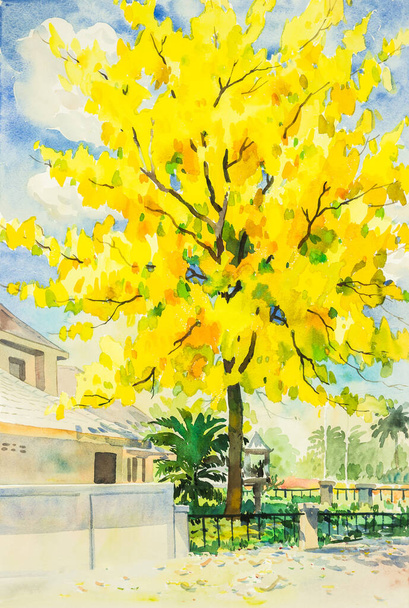 ακουαρέλα ζωγραφική κίτρινο, πορτοκαλί χρώμα της χρυσαφί δέντρο ντους. - Φωτογραφία, εικόνα
