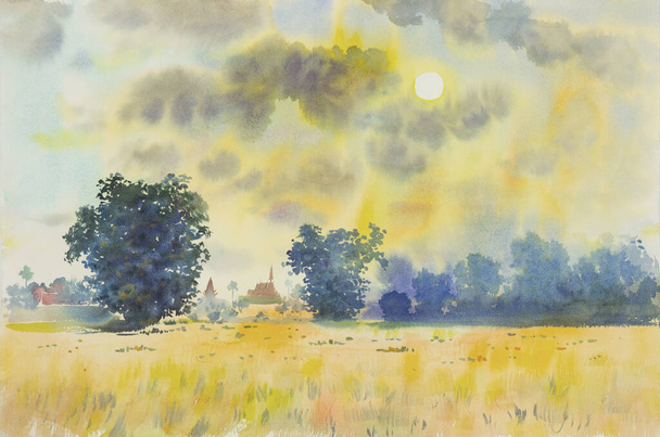 Akvarell festés táj fa kukorica mező és gyönyörű felhő az égen.   - Fotó, kép