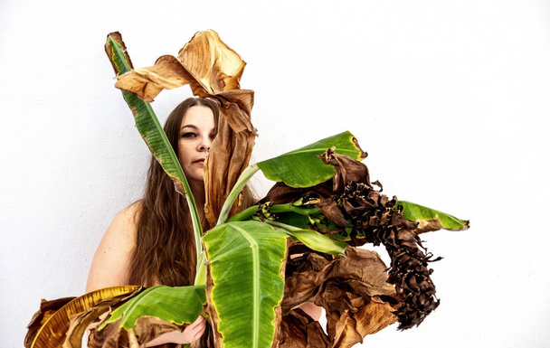 Portrait of a young sexy chubby fat curvy woman with brown hair artfully covered with green and dry, withered banana tree, cut out, white Background, Copy space - Photo, image